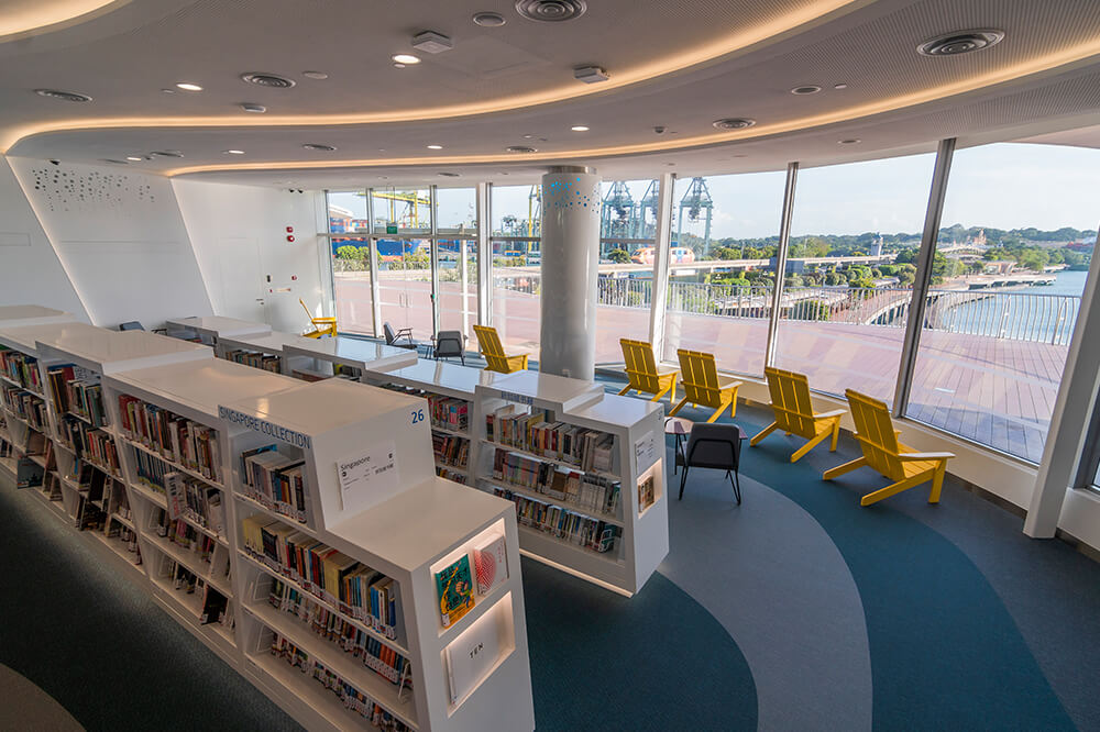 The reading area as seen from the inside of the Public Library outlet in VivoCity, Singapore.